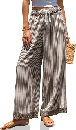 TARSE Womens Striped Lounge Pants Wide Leg Loose Fit Drawstring Casual Boho Summer Vacation Beach Pants