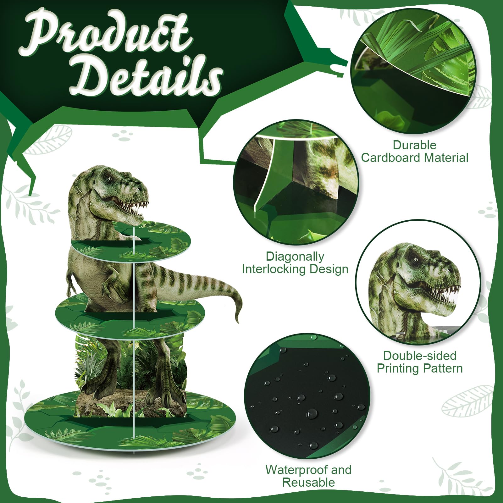 Dinosaur Cupcake Stand Set - 3 Tier Tower With 2 Holders & 2 Trays For Jurassic Birthday Party Decor
