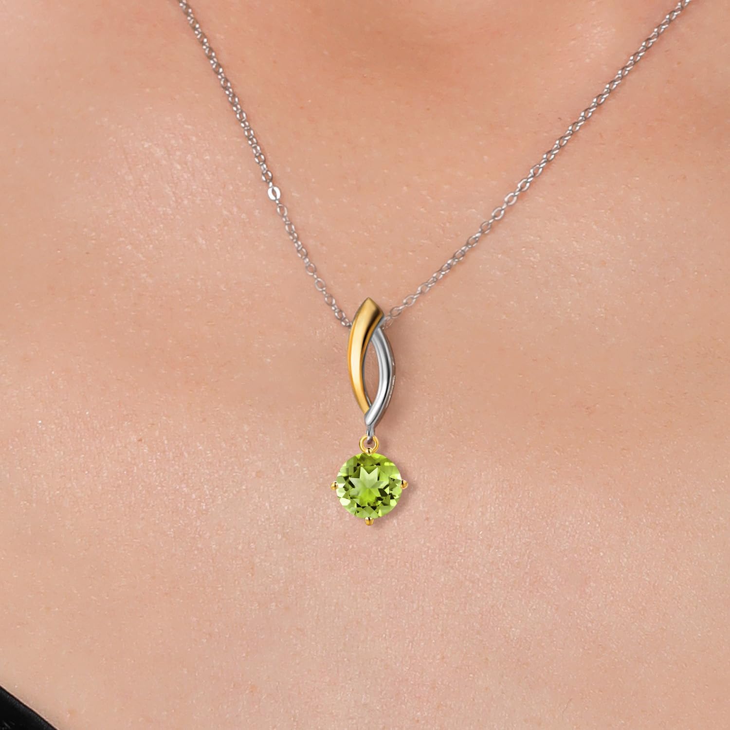 Gem Stone King 925 Silver and 10K Yellow Gold Green Peridot Pendant Necklace for Women | 1.00 Cttw | Gemstone August Birthstone | Round 6MM | With 18 Inch Silver Chain - Image 3
