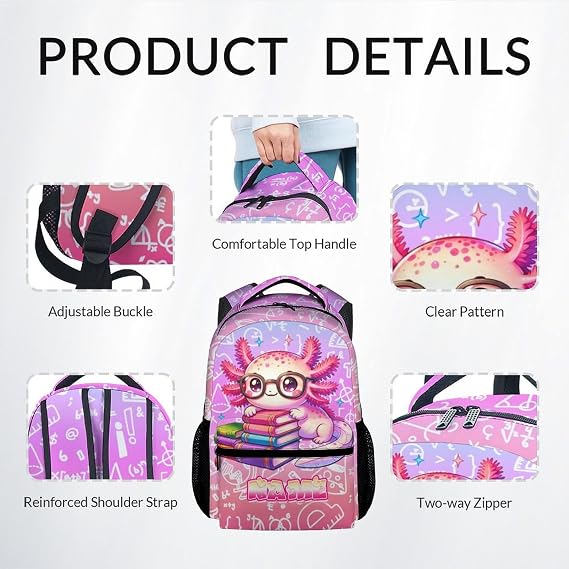 UNIKITTY Axolotl Backpack for Girls, 3PCS Personalized Kids School Bag Set with Insulated Lunch Box & Pencil Case - 17 Inch Large Capacity Water Resistant Bookbag for Elementary Middle School
