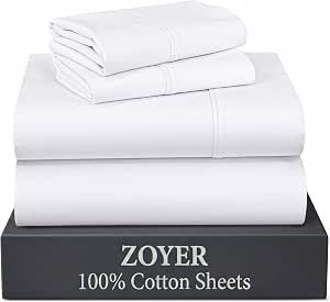 ZOYER 100% Cotton Percale King Sheet Set, Bright White