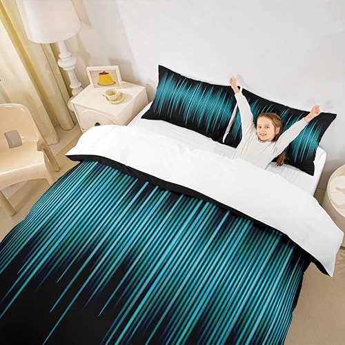Miniatura 3 de Juego de funda de edredón geométrica abstracta para niños, tamaño matrimonial, juego de ropa de cama de líneas a rayas azules degradadas, decoración