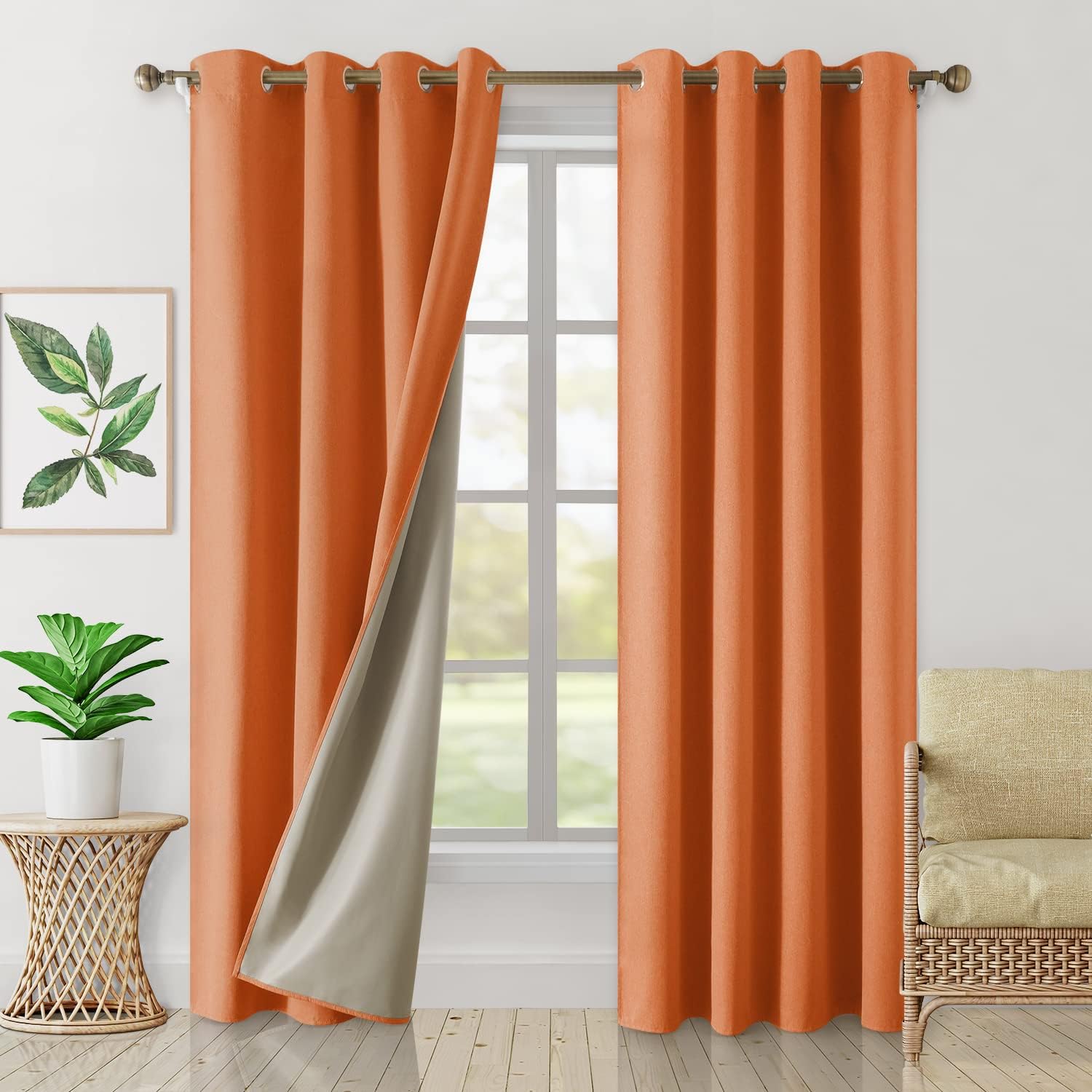 HOMEIDEASOrange 100% Blackout Curtains 84 Inch Length 2 Panels Faux Linen Curtains Room Darkening Curtains Thermal Insulated Grommet Fall Curtains for Living Room/Bedroom