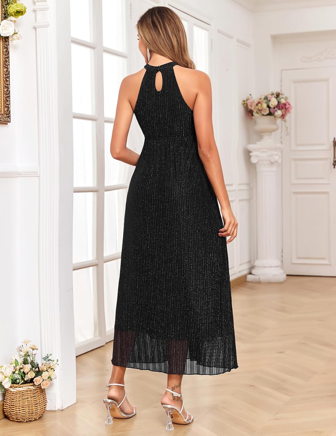 Halter Neck Sparkly Mesh Maternity Maxi Dress - Image 2
