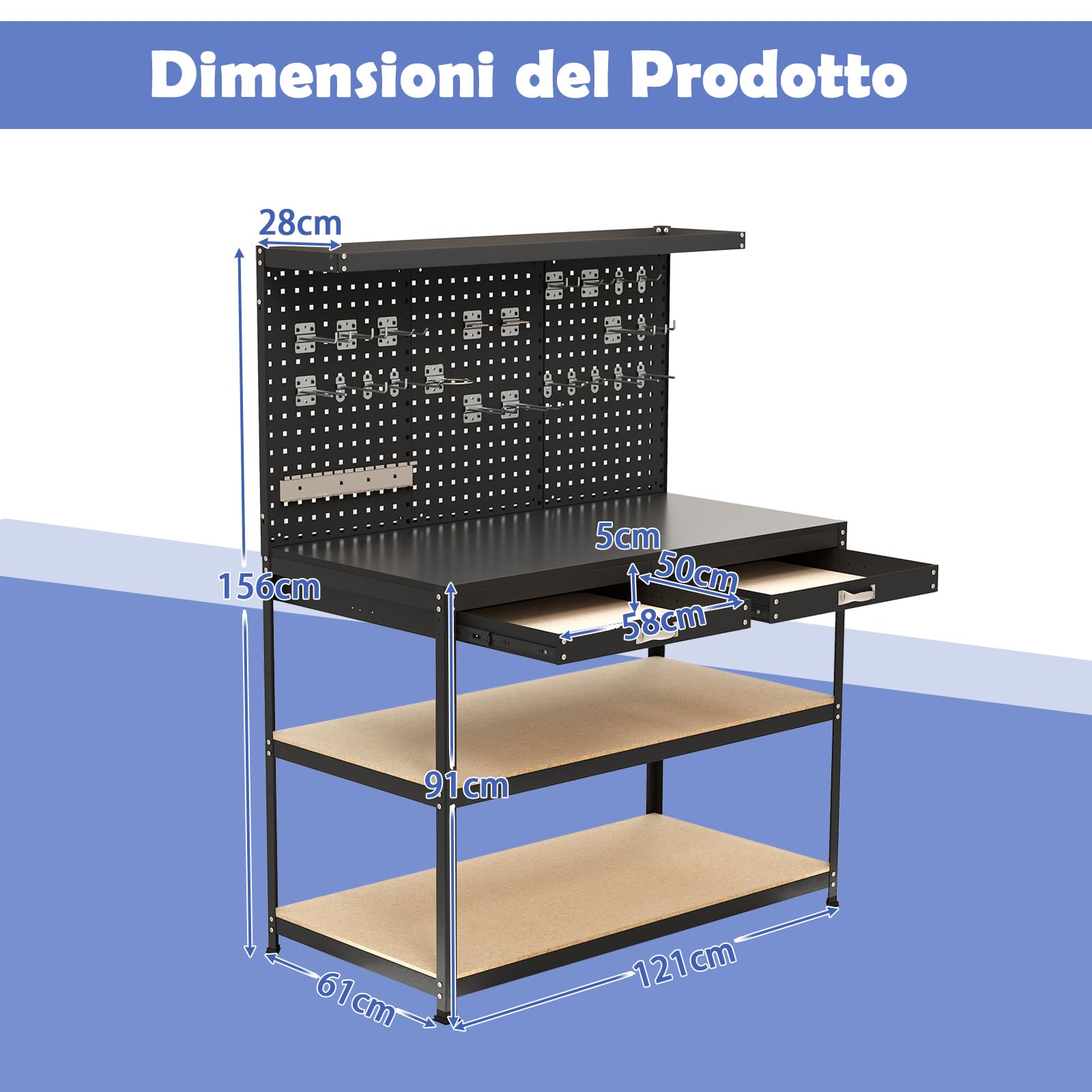 COSTWAY Banco da Lavoro con Piano da 120 x 60 cm, Banco da Lavoro Officina con Pannello Forato e 24 Ganci Porta Attrezzi, Tavolo da Lavoro per Garage con 2 Cassetti e 2 Mensole (Nero)