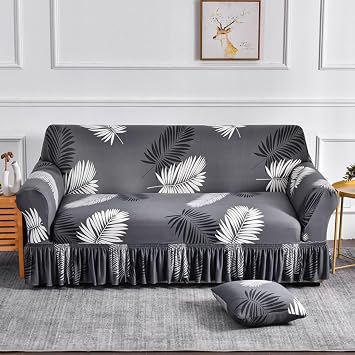 Morbuy Stretch Couch Cover Sofa Covers with Hem, 1-4 Seats 3D Flower Couch Covers Sofa Slipcovers with Elastic Bottom, Furniture Protector for Kids, Pets Black Grey Leaf,3-Seaters