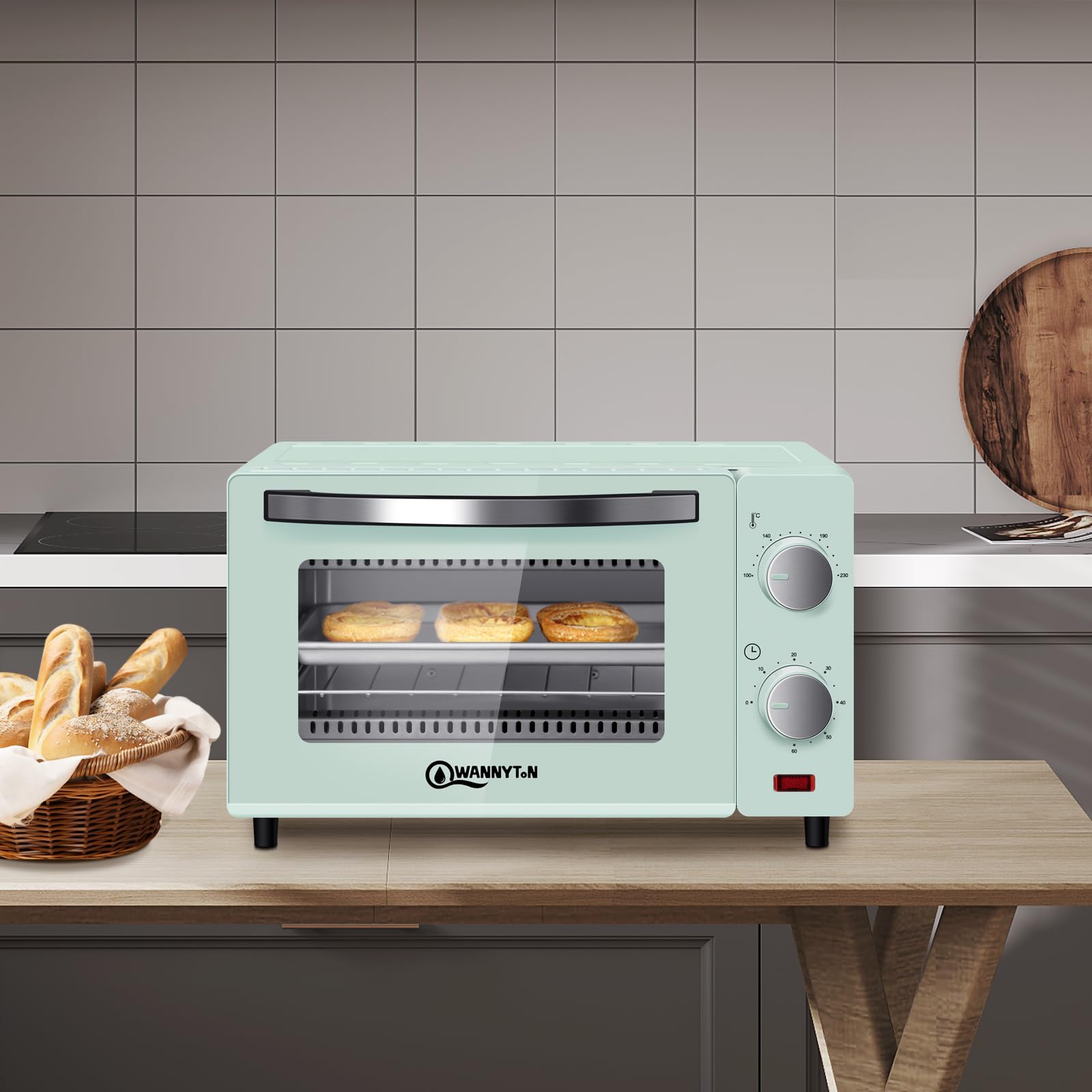 WANNYTON Mini piekarnik, piekarnik 10 l, 650 W, 100-230 °C, timer 0-60 min, w zestawie blacha do pieczenia, ruszt do grillowania, uchwyt do wyjmowania, podwójne szklane drzwi, piec do pizzy, ciast