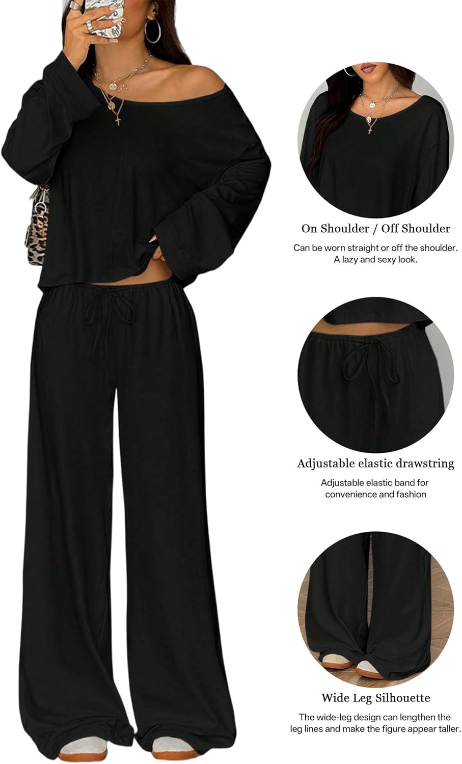 Two Piece Matching Lounge Sets For Women Vacation Airport Fall Outfits Off Shoulder Sweatshirt Wide Leg Sweatpant Set - Image 3