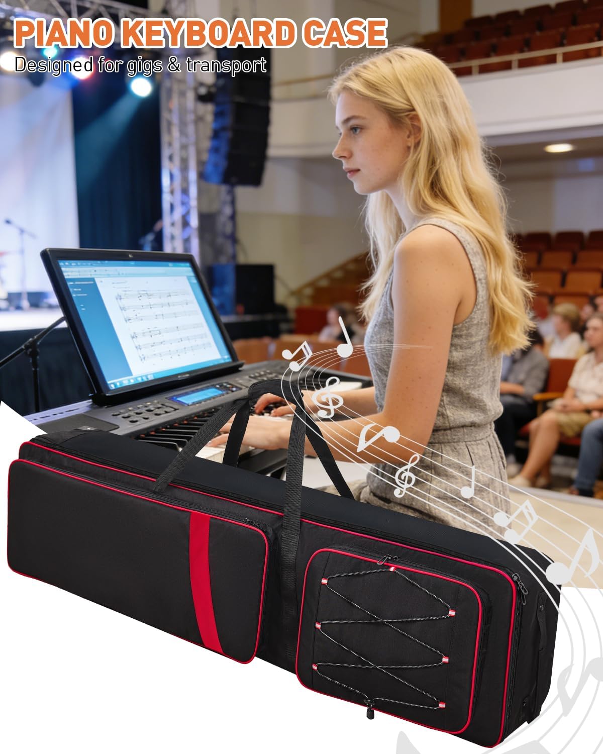 88 Key Keyboard Case with Wheels（53"x14.5"x7"), Rolling Padded Keyboard Gig Bag with Adjustable Shoulder Straps and Handle, Waterproof Piano Case for Music Stand, Accessories, Pedals & Cables