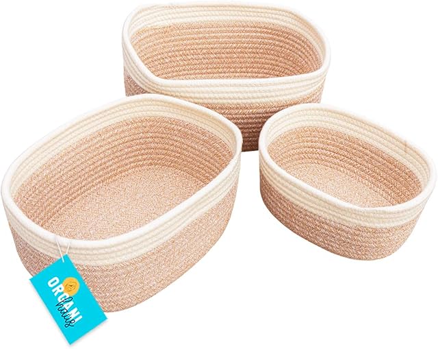 OrganiHaus Baby Storage Organiser | Bathroom Storage Baskets | Woven Storage Basket for Nursery Decor | Rope Storage Baskets for Shelves | Skin Care Organizer | Small Baskets for Storage - Honey