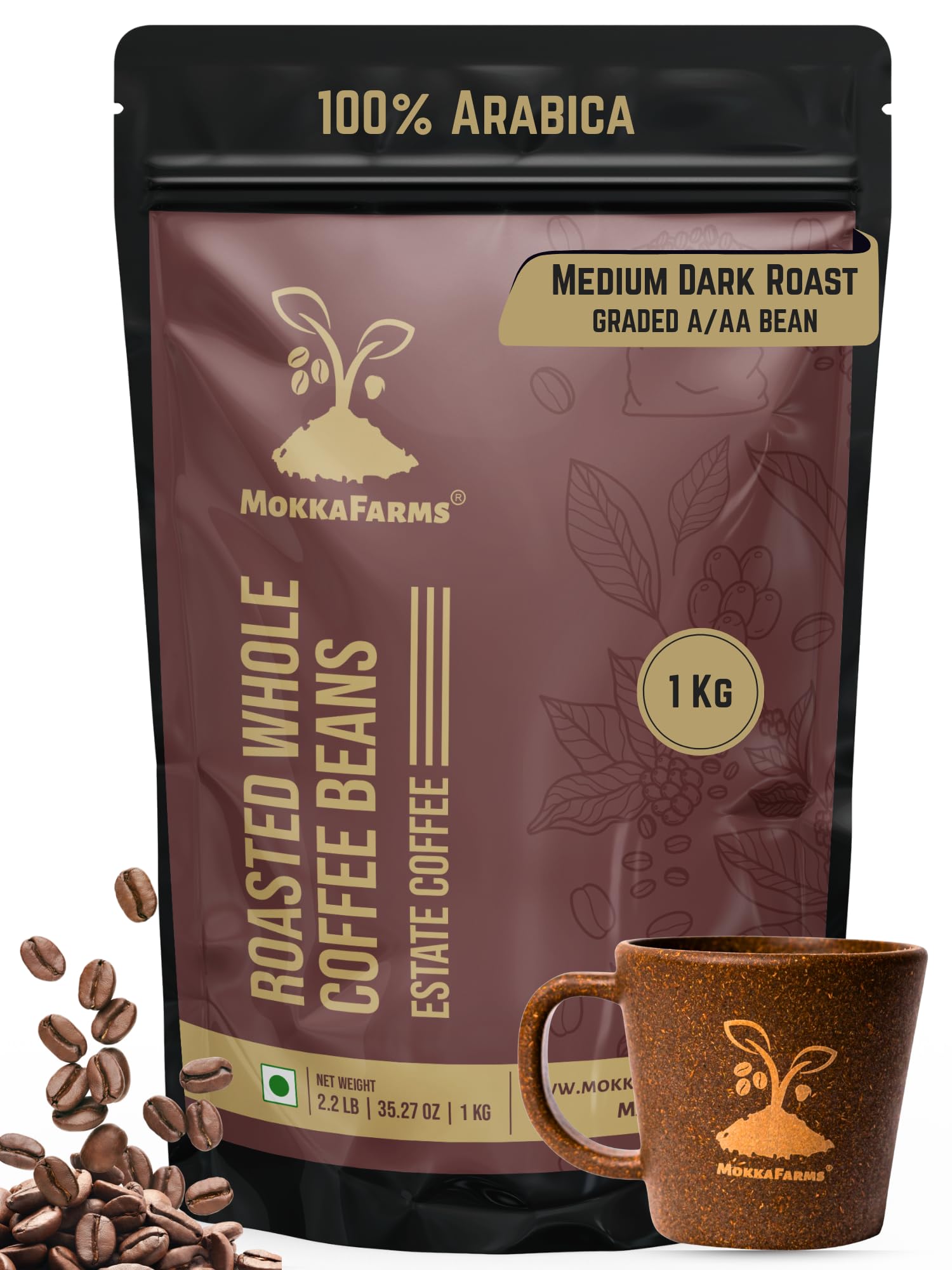 Mokka Farms Premium Roasted Coffee Beans 1Kg | 100% Arabica | Medium-Dark Roast | Fresh Estate Coffee | Graded A/AA Whole Beans | Strong Flavor & Aroma | Farm to Fork Quality | Resealable Zip Lock Bag