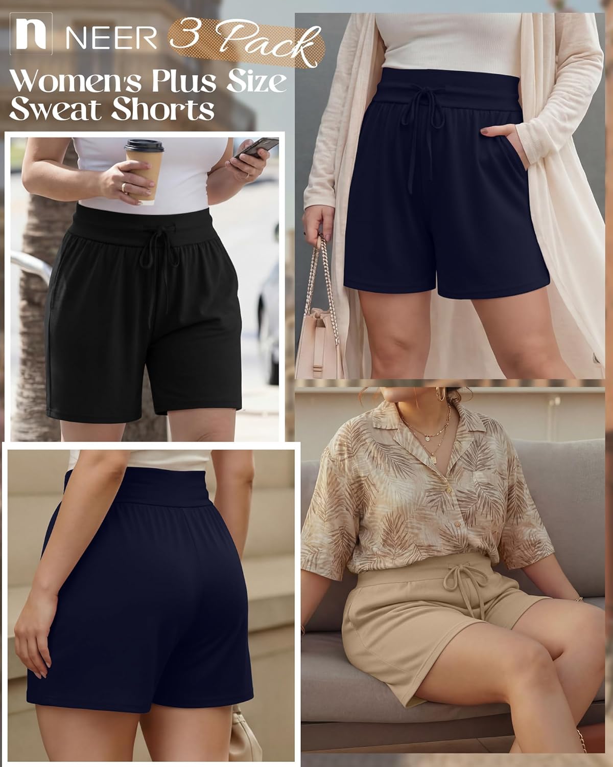 Neer 3 Pack Women's Plus Size Sweat Shorts, Drawstring Lounge Shorts Casual Summer Lightweight Soft Shorts with Pockets - Image 2
