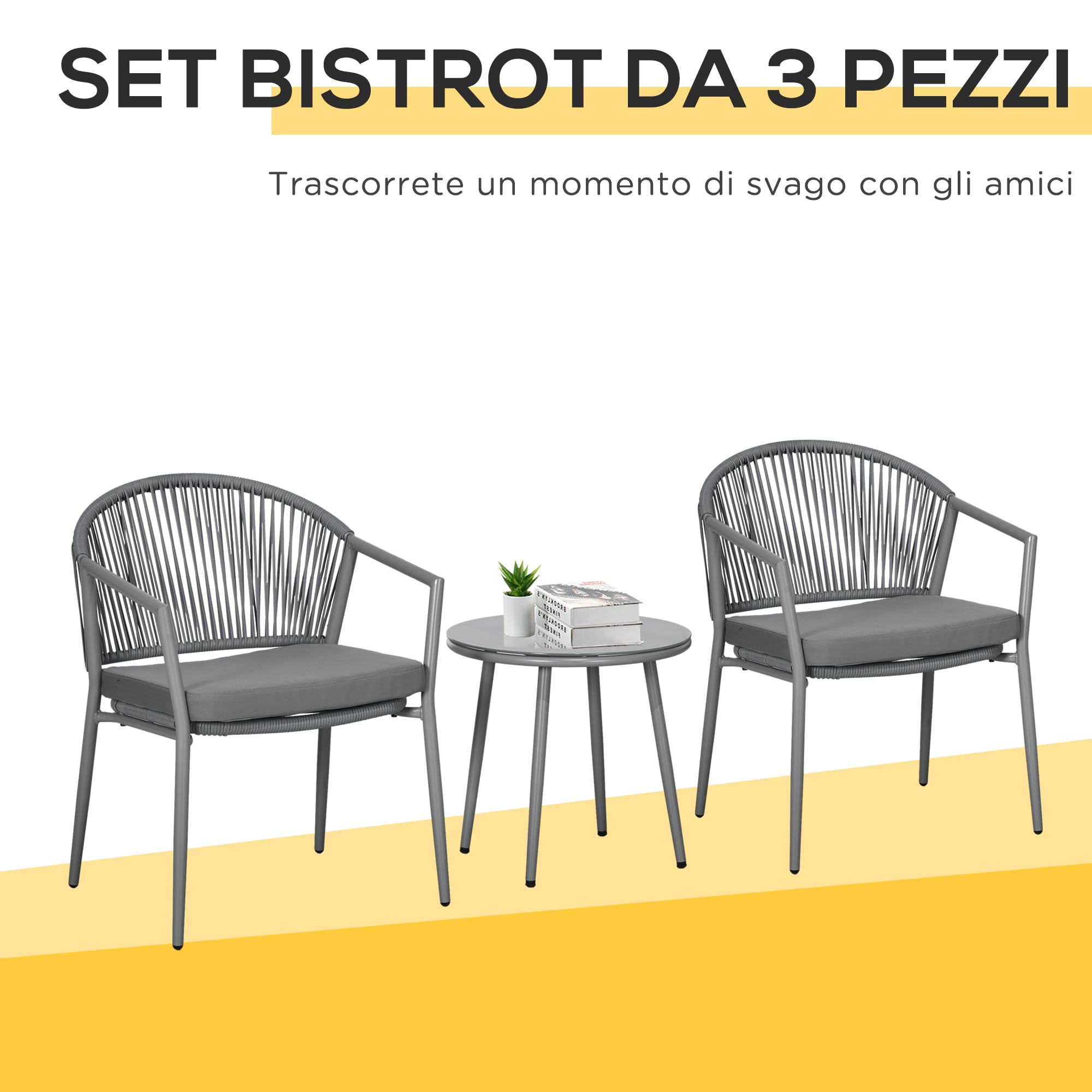 Outsunny 3-TLG. Rattan Bistroset, Sitzgruppe, Gartengarnitur mit 2 Gartensesseln, Couchtisch, Balkonmöbel-Set für Garten, Terrasse, Stahl, Grau