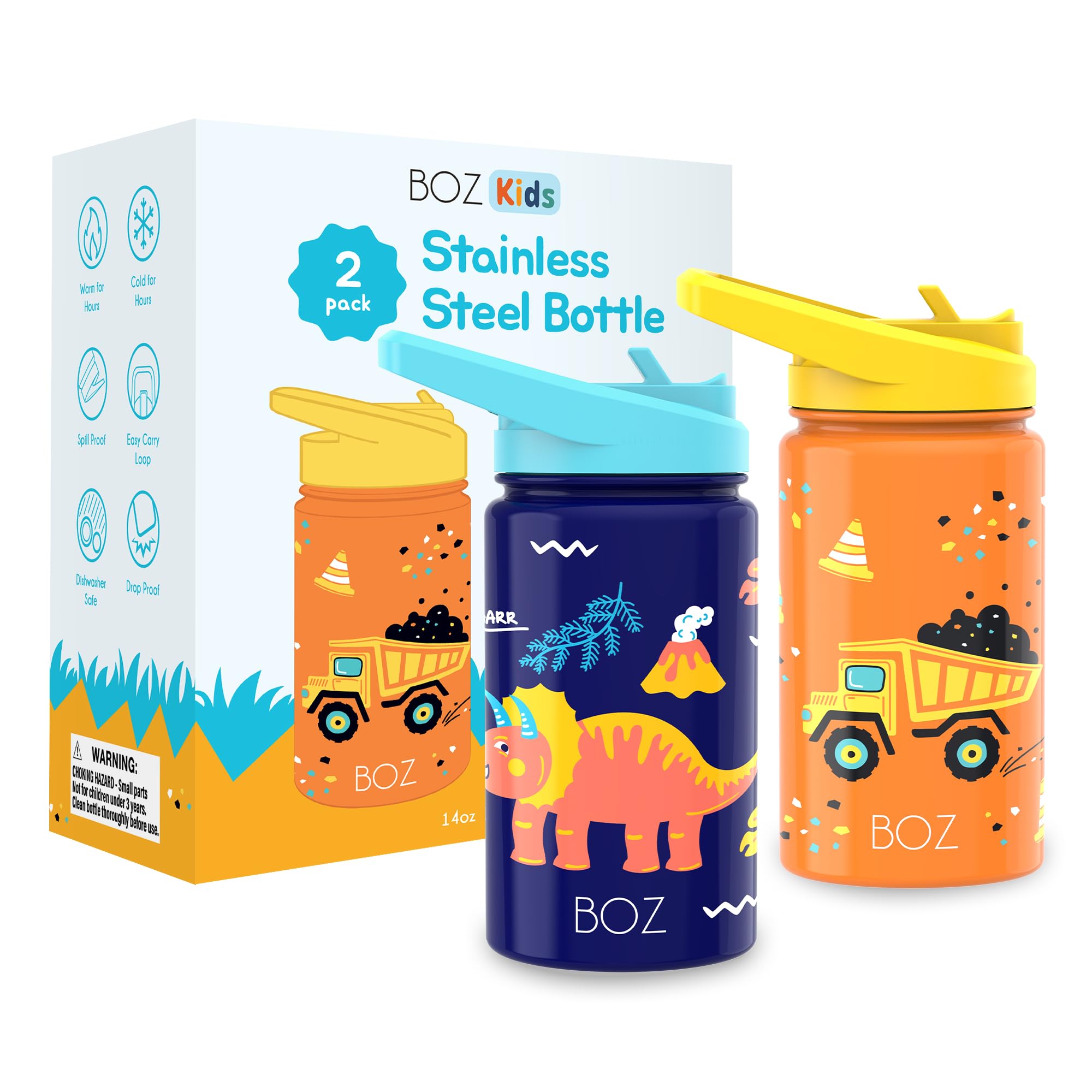 BOZ Kids Insulated Water Bottle with Straw Lid - 2-Pack Bundle, Construction/Dinosaur, Stainless Steel Vacuum Double Wall Water Cup, 14 oz (414ml). Scratch-resistant and Carry Handle, Dishwasher-safe