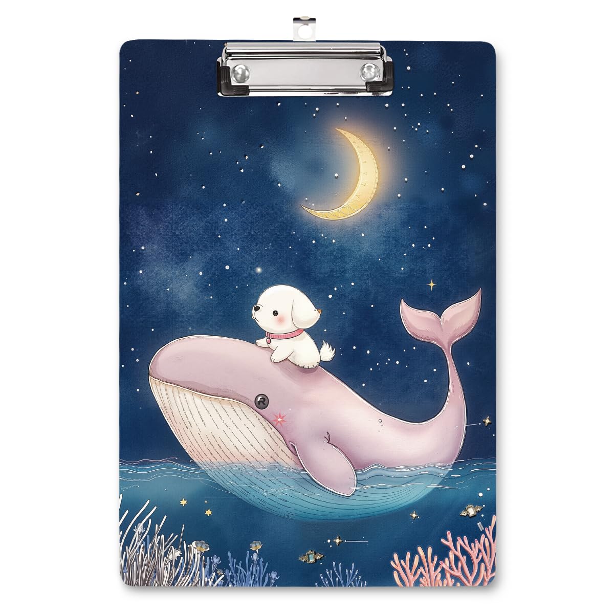 WAVEYU Cute Clipboard, Wooden Hardboard Decorative for Office School Supplies, Fashion Nursing Clip Board with Low Profile Metal Clip, Chic Designed for Standard Size(12.5"x9"), Pink Dolphin Pattern