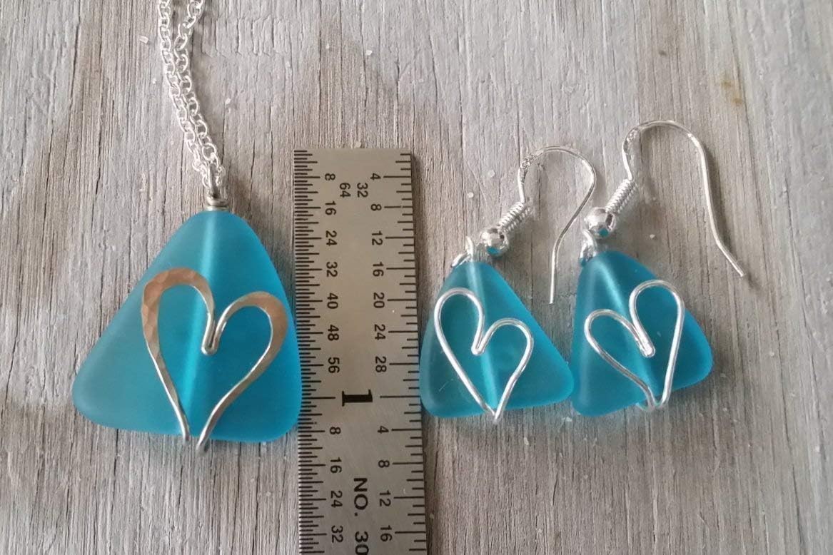 Handmade unique wire design hearts blue sea glass Necklace+Earrings Set,Natural pearl, Valentine's Day