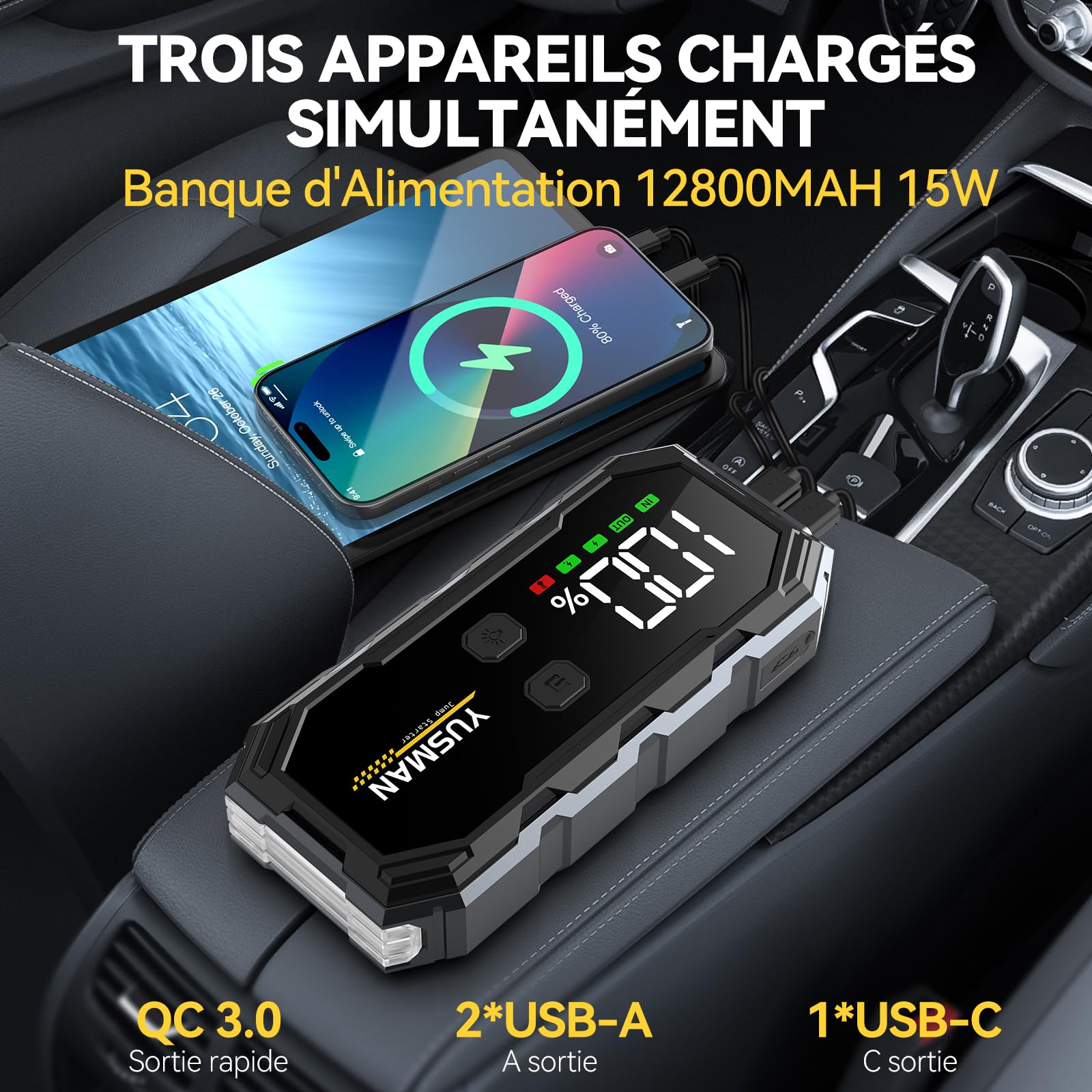 YUSMAN Booster Batterie Voiture 6000A Démarreur Batterie Voiture Supersafe(Jusqu'à 7L Gas/5.5L Diesel), 12V Jump Starter avec LED, 5 V/3A, QC3.0,Sortie USB, Pince Sécurité Intelligentes et Ecran LCD