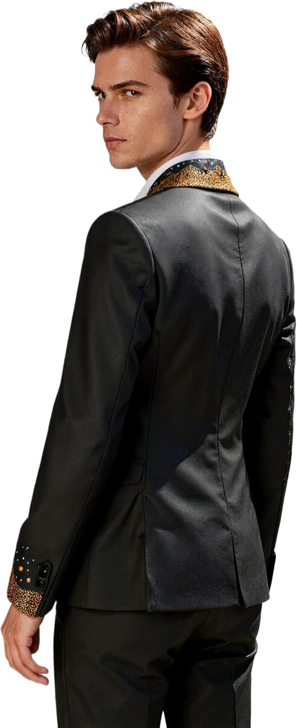 Men's Elegant 3 Piece Suit Rhinestone Adorned Shawl Lapel Jacket and Vest Pant Set for Weddings & Formal Events