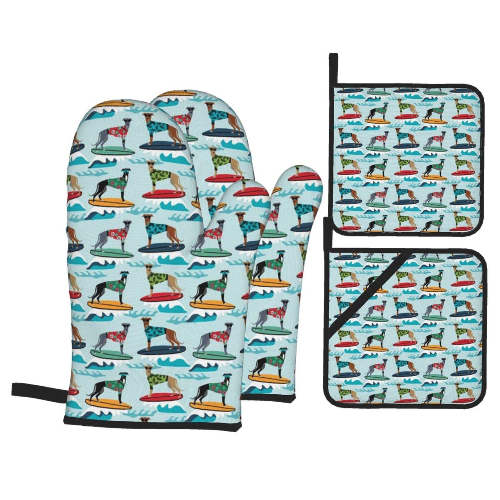 Oven Mitts And Pot Holders Sets, Kitchen Oven Glove and Potholder 4 Pcs For Baking Bbq Surfing Dog Greyhound Hawaiian Shirt