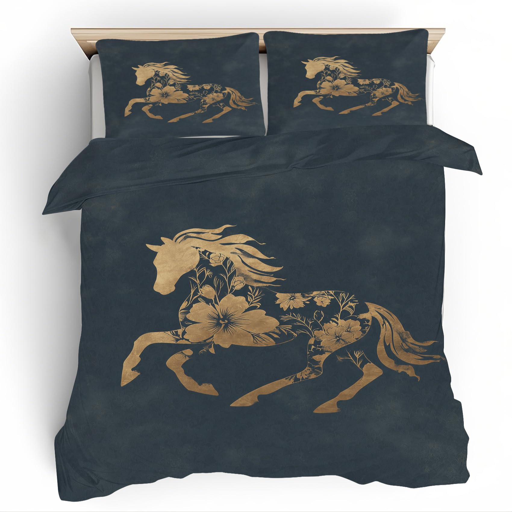 Parure de lit réversible microfibre motif cheval abstrait pour lit 2 personnes