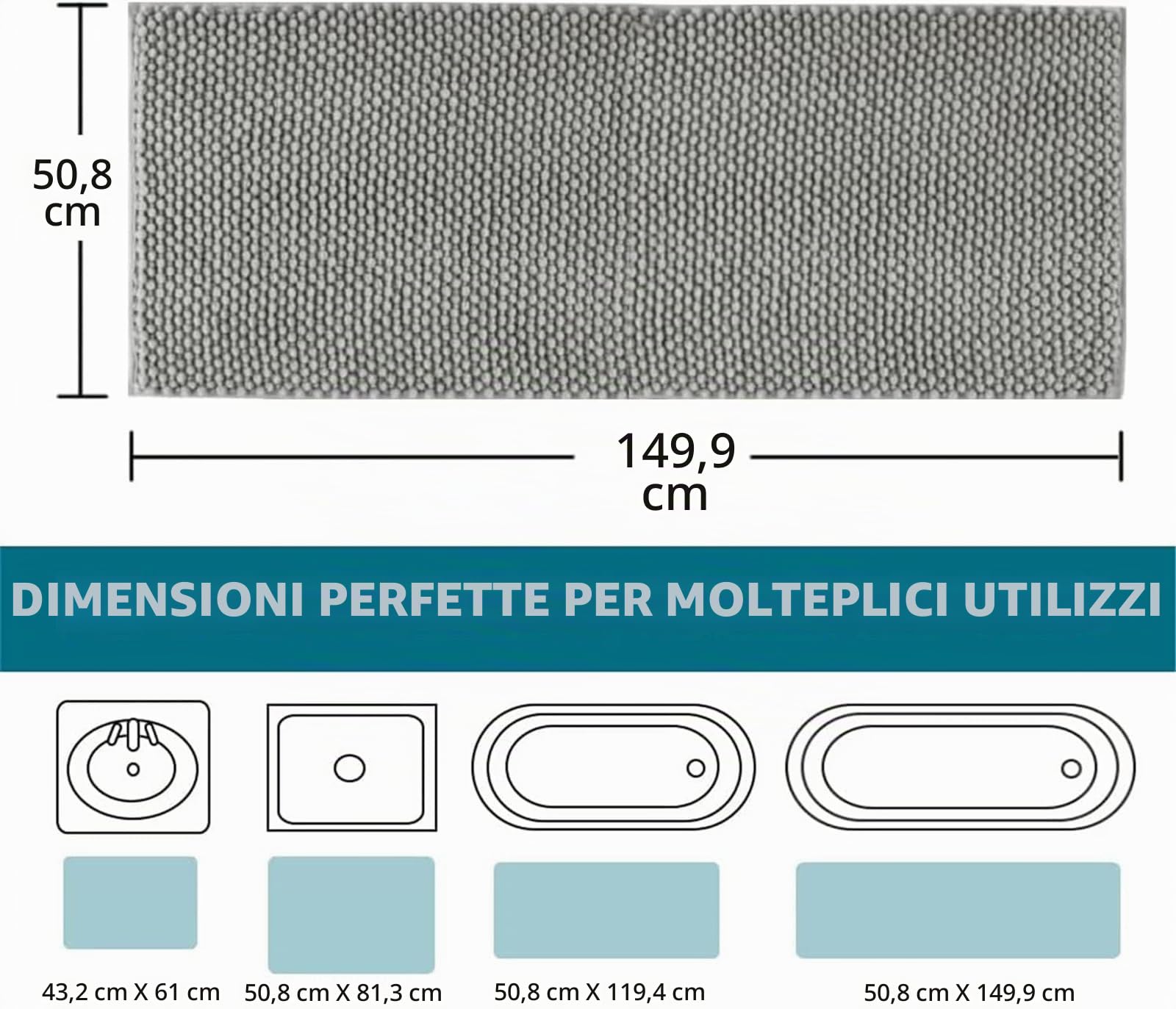 Tappeto Bagno Ciniglia Tappetino da Bagno Alta densità e Assorbente In Microfibra Shaggy Tappeto da Bagno Antiscivolo ad Asciugatura Rapida Lavabile (Grigio Chiaro,150 x 50 cm)
