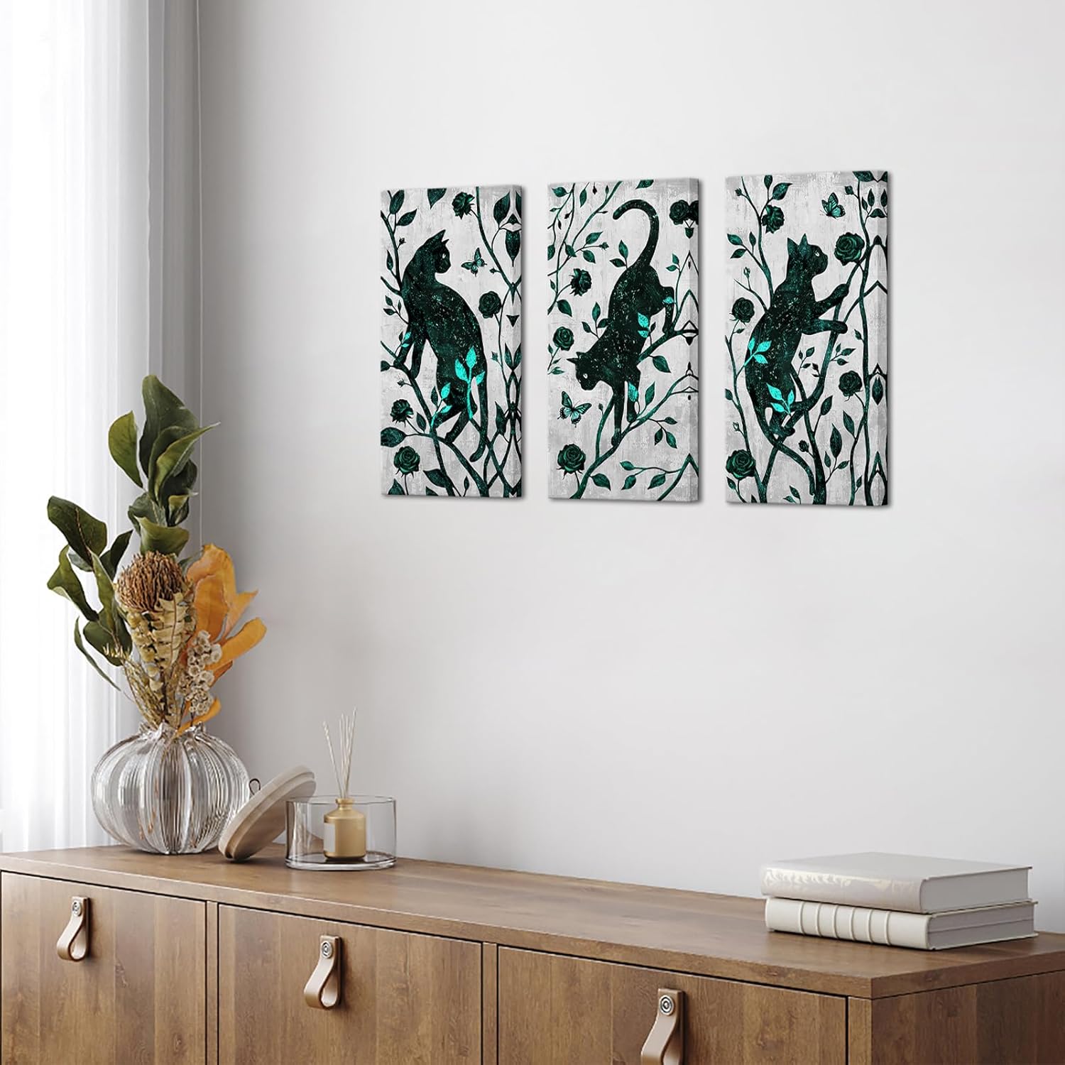 LoveHouse Black Cats Wall Art Cat with Floral Painting Canvas Pet Picture Bathroom Decor (Teal Green)