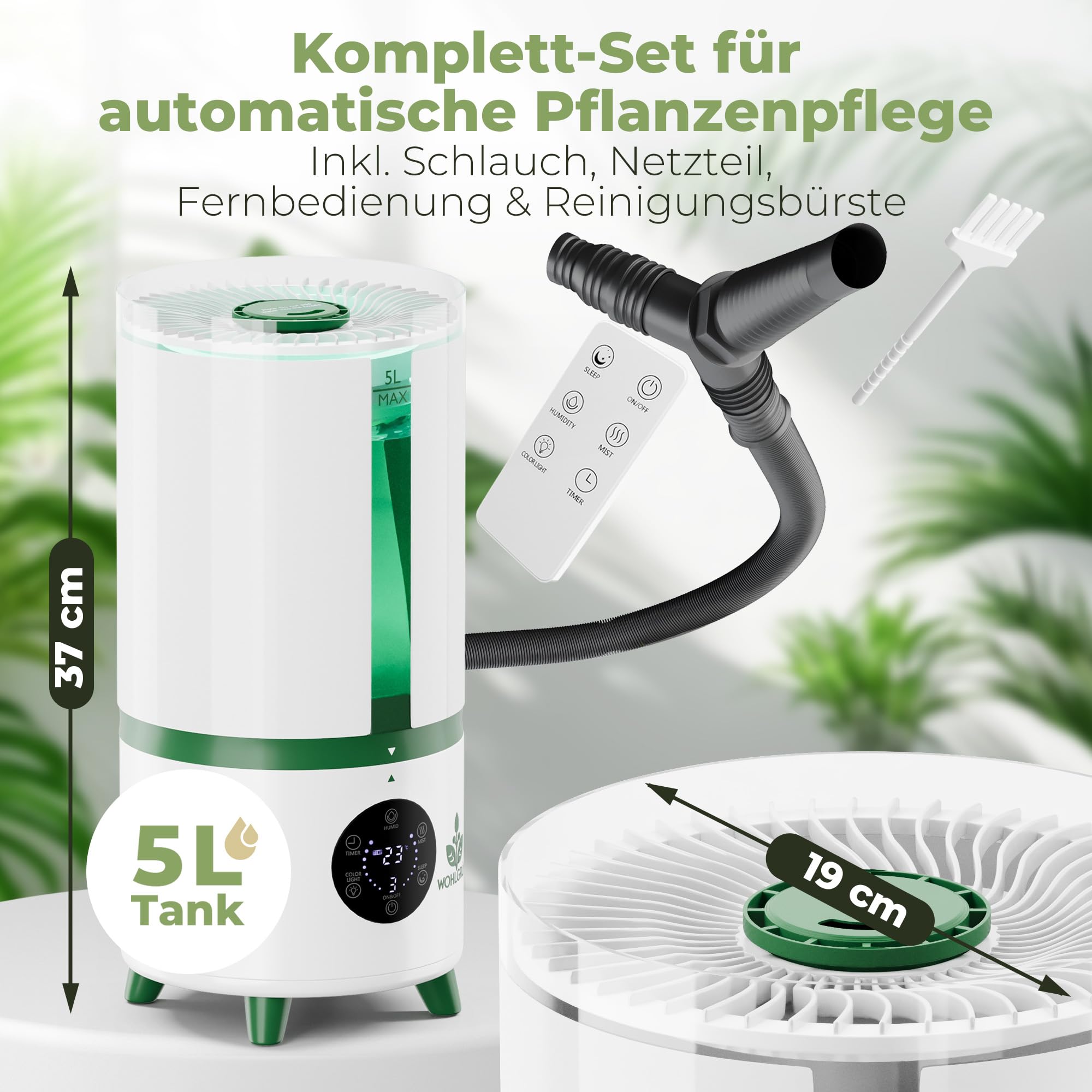 WOHLGRÜN TAU360 Ultraschall Luftbefeuchter 5L mit Hygrostat 360 Grad für Pflanzen Schlafzimmer Growzelt