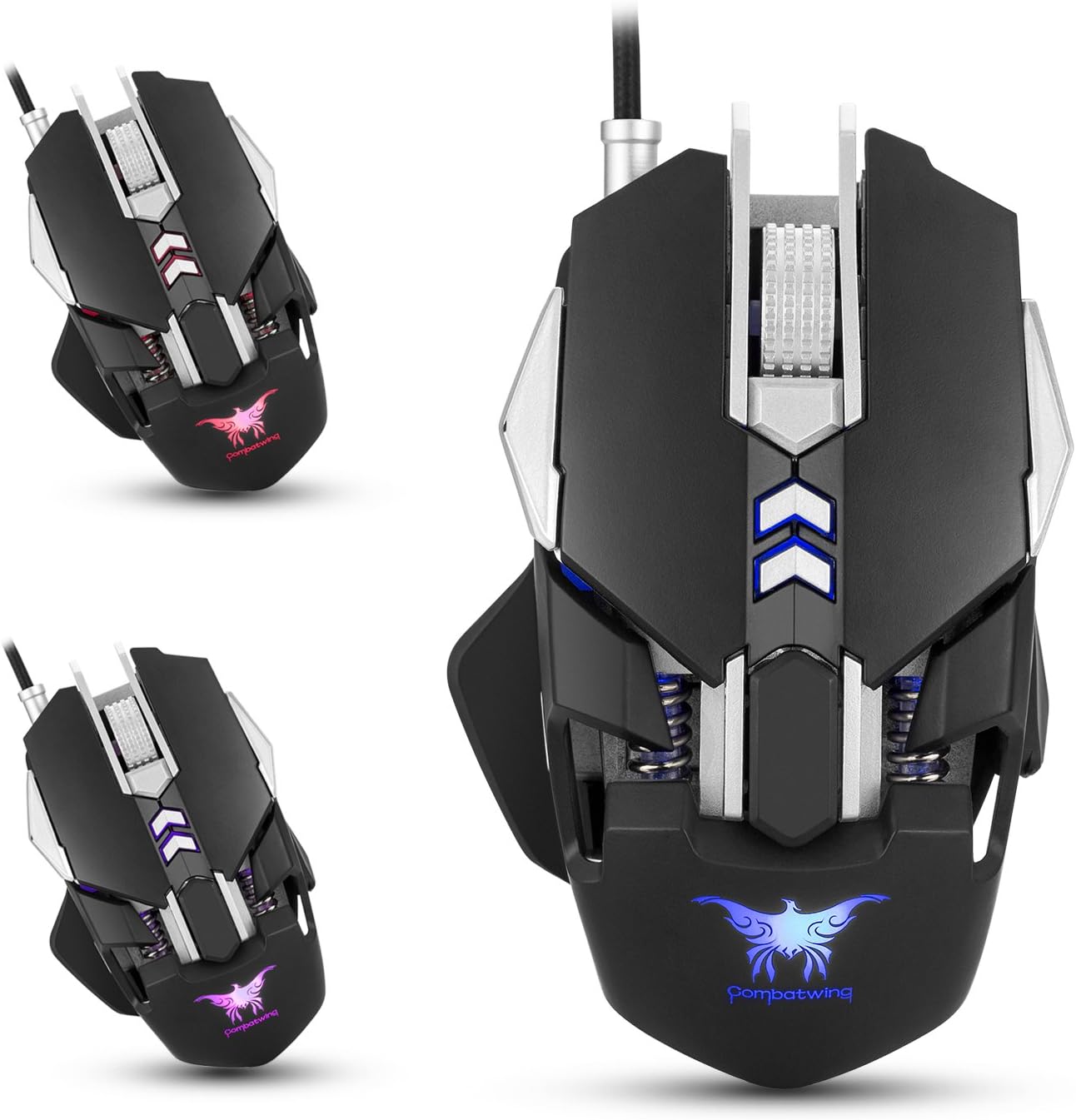 Combatwing CW30 Wired Gaming Mouse Mice 7 Buttons 3200DPI 1000Hz Return Rate Weight Tuning 4 Color Breathing LED Light Black