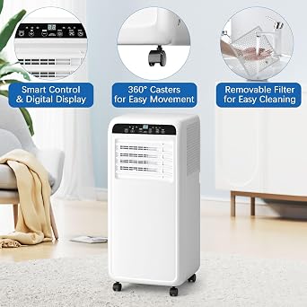 10000BTU Portable Air Conditioners With Fan & Dehumidifier, 3-in-1 Quiet Portable AC Unit, Cools Up to 500 Sq.Ft, 24H Timer, LED Display/Remote Control, for Rooms, Apartments, Office