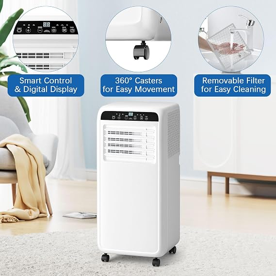 10000BTU Portable Air Conditioners With Fan & Dehumidifier, 3-in-1 Quiet Portable AC Unit, Cools Up to 500 Sq.Ft, 24H Timer, LED Display/Remote Control, for Rooms, Apartments, Office