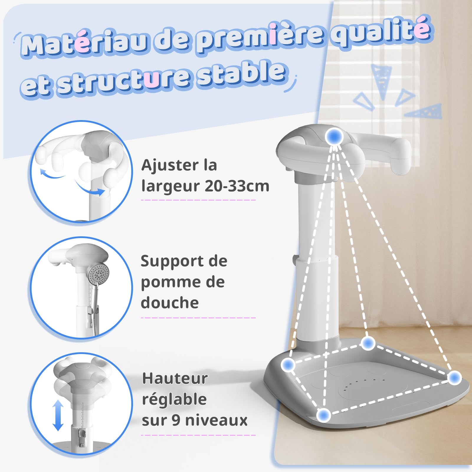 COOSEYA® Baignoire bébé avec support de douche | Support anti-pincement, tour de douche réglable pour aider bébé à se tenir debout, idéal comme douche bebe debout et cadeau prénatal