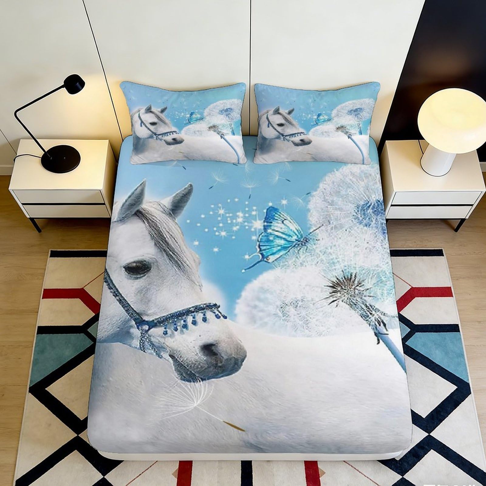 Jqzkxnhpbr Style-4 3D Printed White Horse Fitted Sheet Microfiber Soft Blue Butterfly Bed Cover For Bedroom Guest Room Decor Easy Care 90X200x25cm