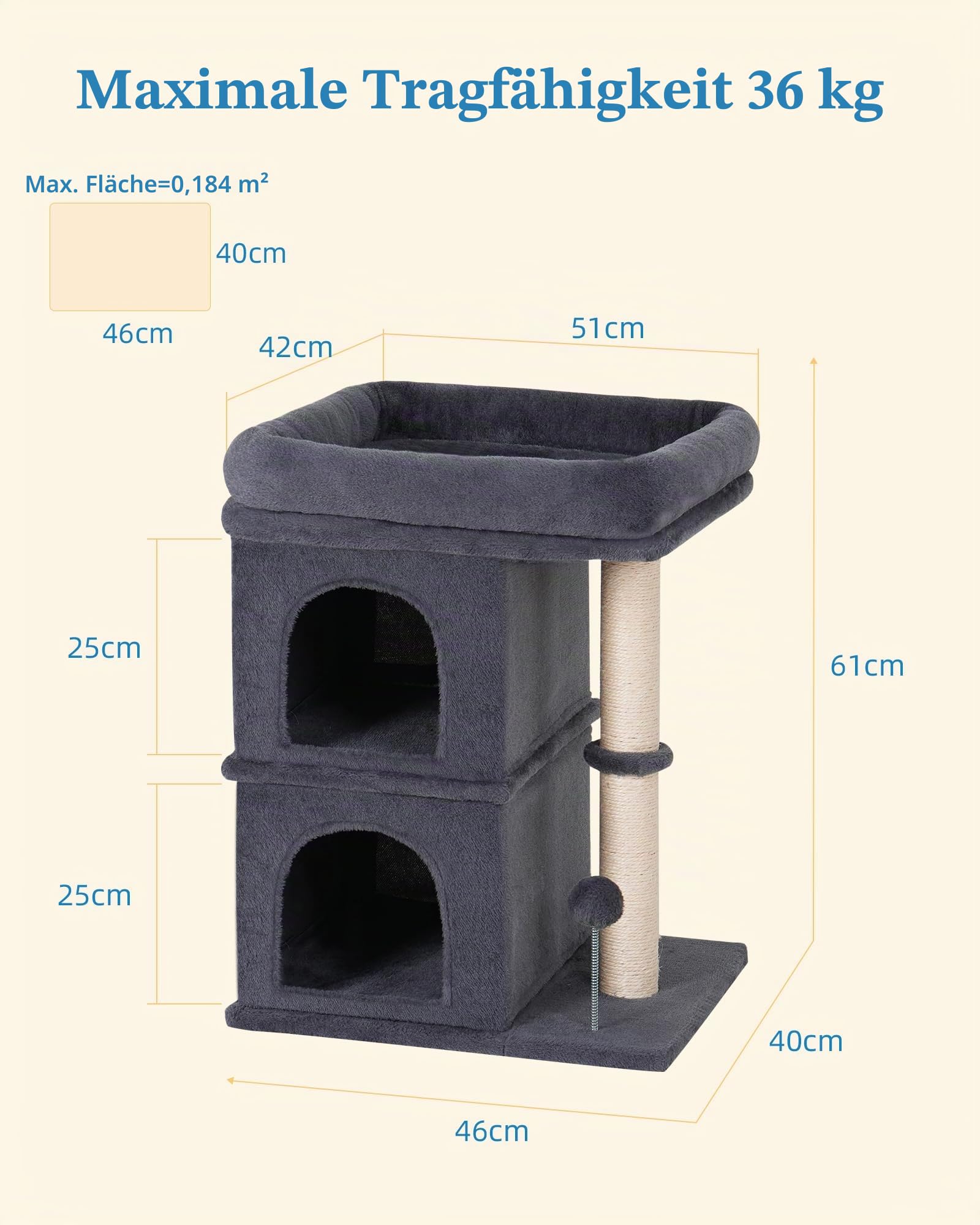Aechonow 61cm Kratzbaum für Große Katzen Stabil, 2 Katzenhöhle fur Indoor Klein Katzen, Katzenbaum mit Große Liegefläche(48 x 40cm), 61cm Hohe Katzentonne Klein, Dunkel Grau