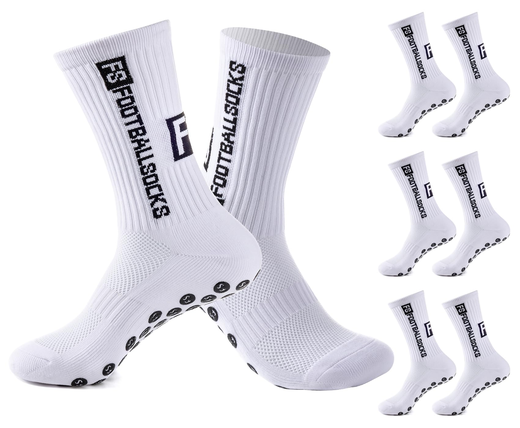 Werfunee 3 Paare Fußball Socken Football Socks Fußballsocken für Herren Damen Anti Rutsch Grip Socken Fussball (DE/NL/SE/PL, Numerisch, 39, 46, Regular, Regular, Weiß)
