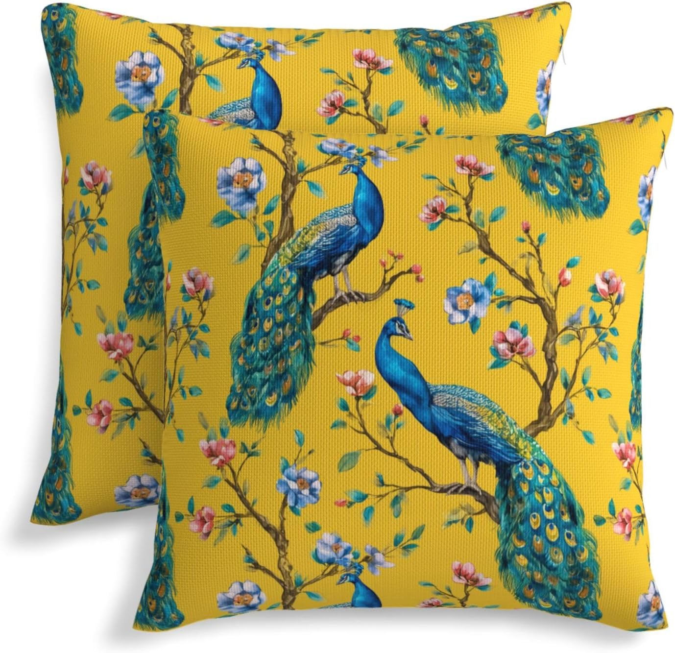 KiuLoam Chinoiserie Yellow Floral Peacock Pillow Covers 22x22 Inch Set of 2 Rustic Decorative Throw Pillows Outdoor Neutral Farmhouse Cushion Cases for Sofa Couch Bed Decor