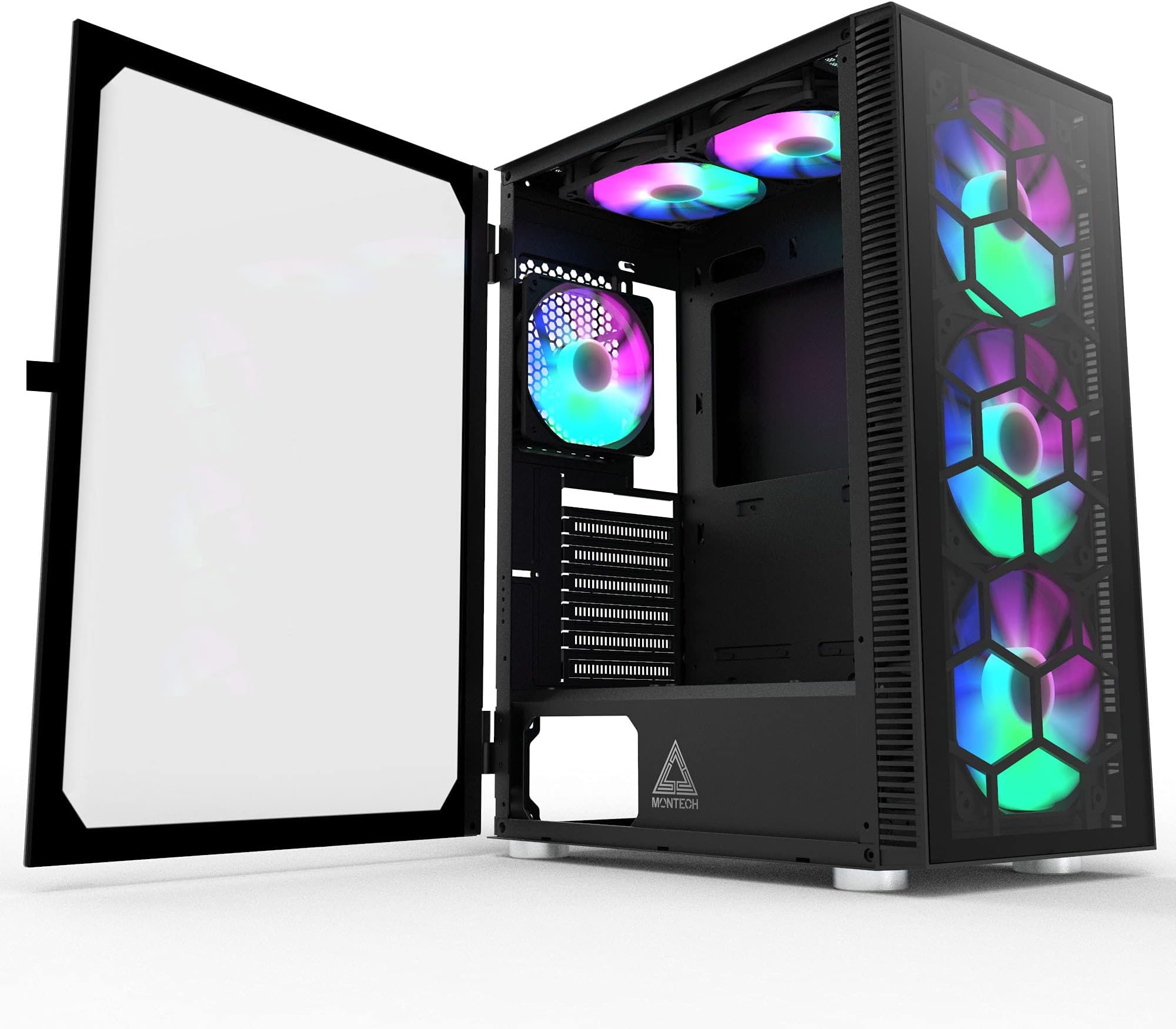 Montech X3 Glass 6pcs, 3 x 140mm& 3 x 120mm Fixed RGB Lighting Fans ATX Mid-Tower PC Gaming Case, USB3.0, Door Open Tempered Glass Side Panel, High Airflow, Black