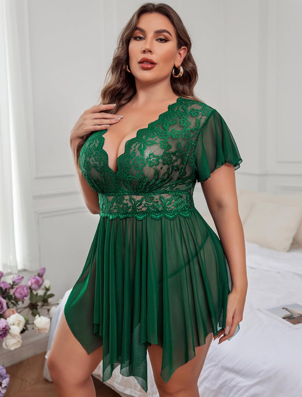 Avidlove Women's Plus Size Babydoll Floral Lace Lingerie Deep V Nighty Mesh Sleepwear - Image 5