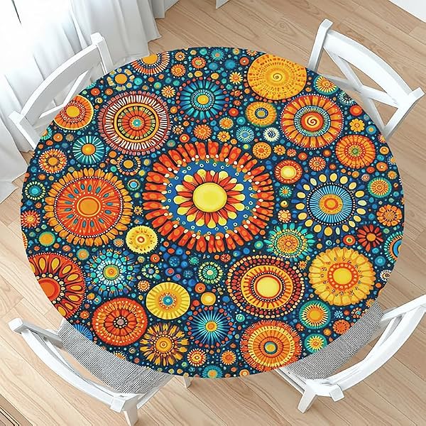 Boho Round Fitted Tablecloth with Elastic Edge Orange Bohemian Circle Table Cloth for 40-44" Tables Mandala Colorful Geometric Wipeable Washable Table Cover for Picnic Party Dining Outdoor Decor by Guyperatic - Used condition - US$12.88