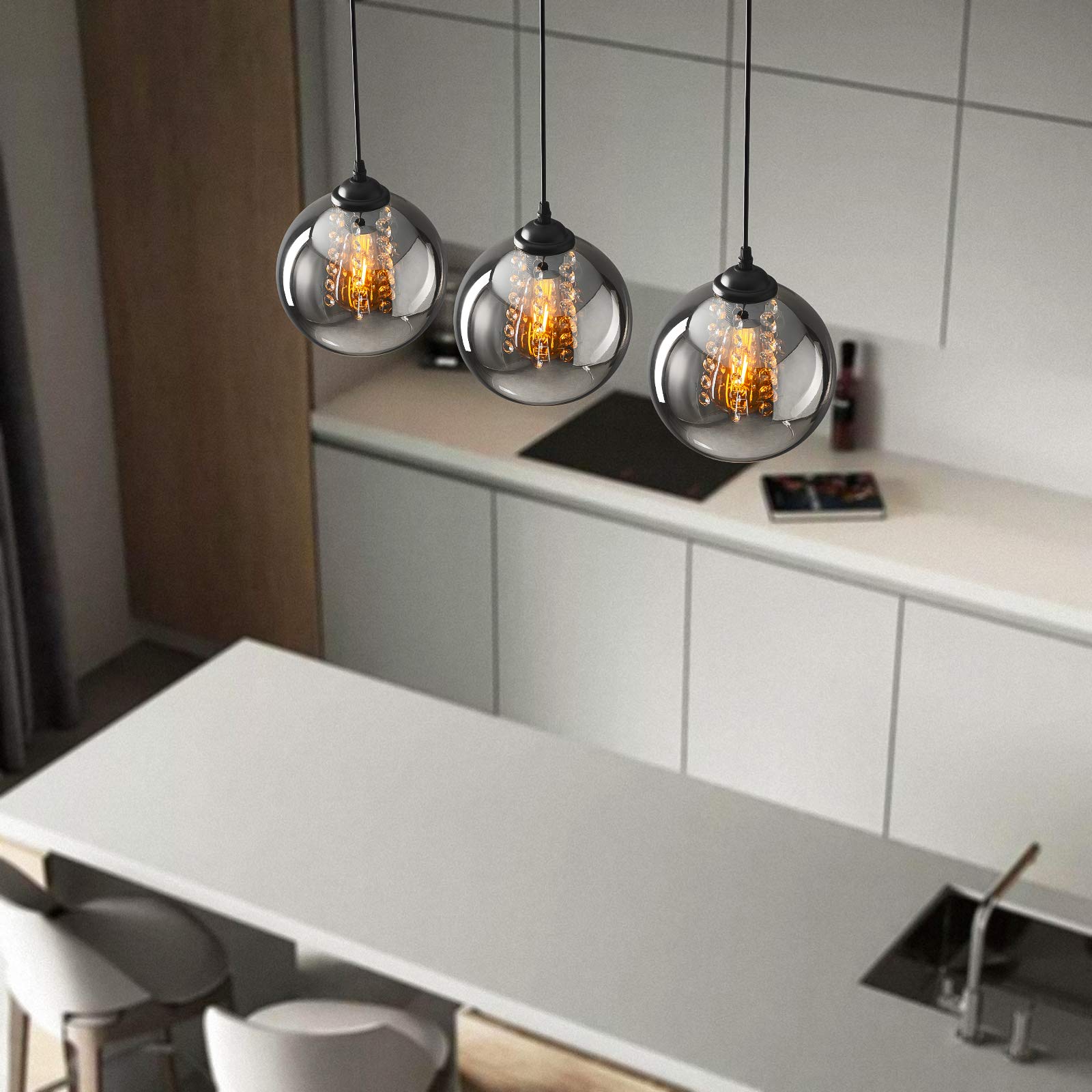 Pendelleuchte Glas Kugel Hängelampe Industrial Deckenlampe Grau | Vintage Hängeleuchte kronleuchter Metall für Wohnzimmer Zimmer Esszimmer Pendellampe Retro Deckenleuchte Küchenlampe 3-flame