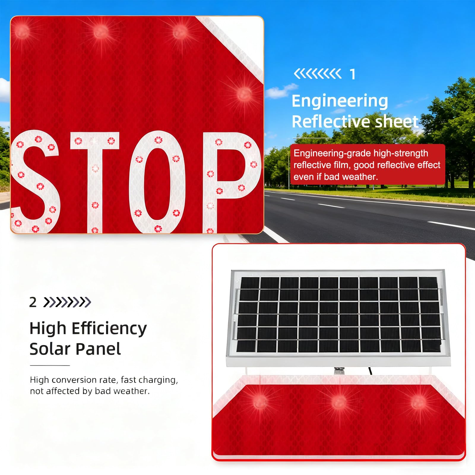 Znak Drogowy 24"/30" - Migający Znak Stop Led Zasilany Energią Słoneczną, Ośmiokątne Znaki Drogowe z Aluminium, Migające Światło LED, Odporne na Warunki Atmosferyczne Flashing-24"