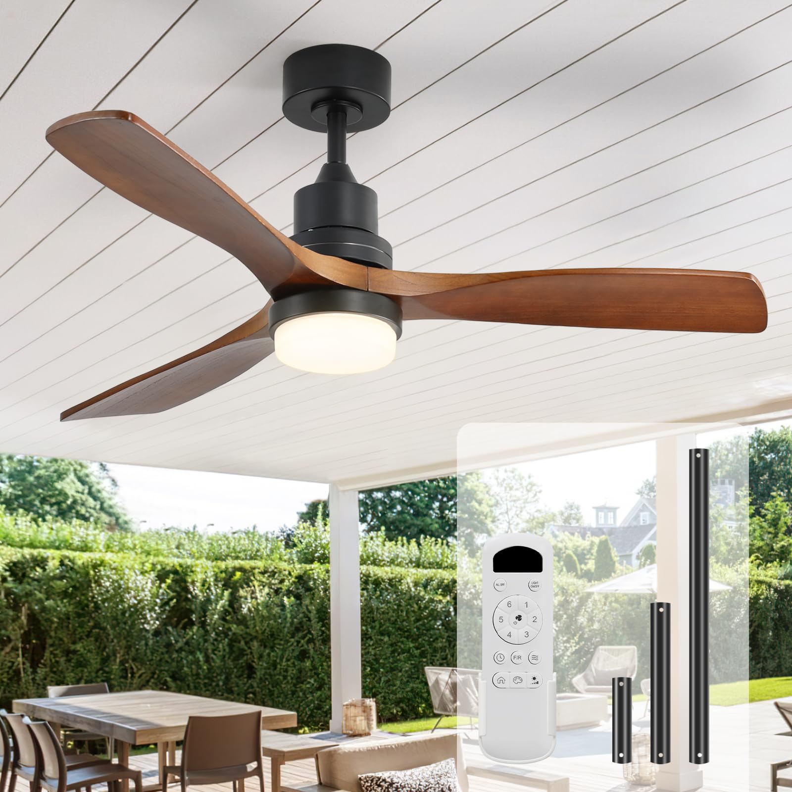 Sofucor 52 Inch Ceiling Fans with Lights and Remote Control, Modern Solid Wood Outdoor Ceiling Fan with Light 3 Walnut Blade for Bedroom Living Room Indoor Farmhouse Patio, Noiseless DC MotorRecycled Claim Standard Blended