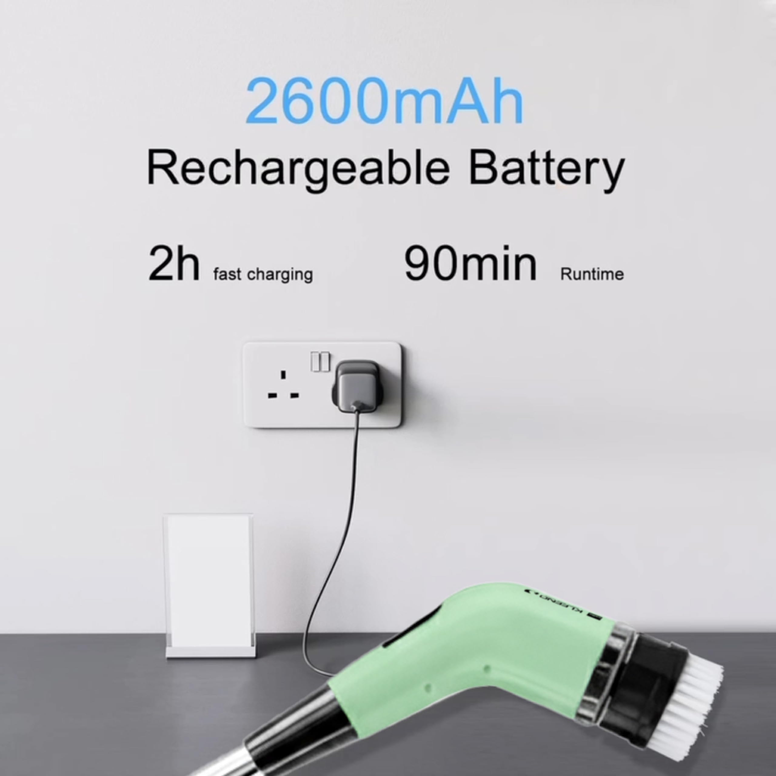 Cello Telescopic Electric Spin Scrubber Pastel Green | Rechargeable Cordless Cleaner with 7 Interchangeable Brush Heads, Dual Speed & Adjustable Handle, 90-Min Long Use for Bathroom, Kitchen Cleaning 4