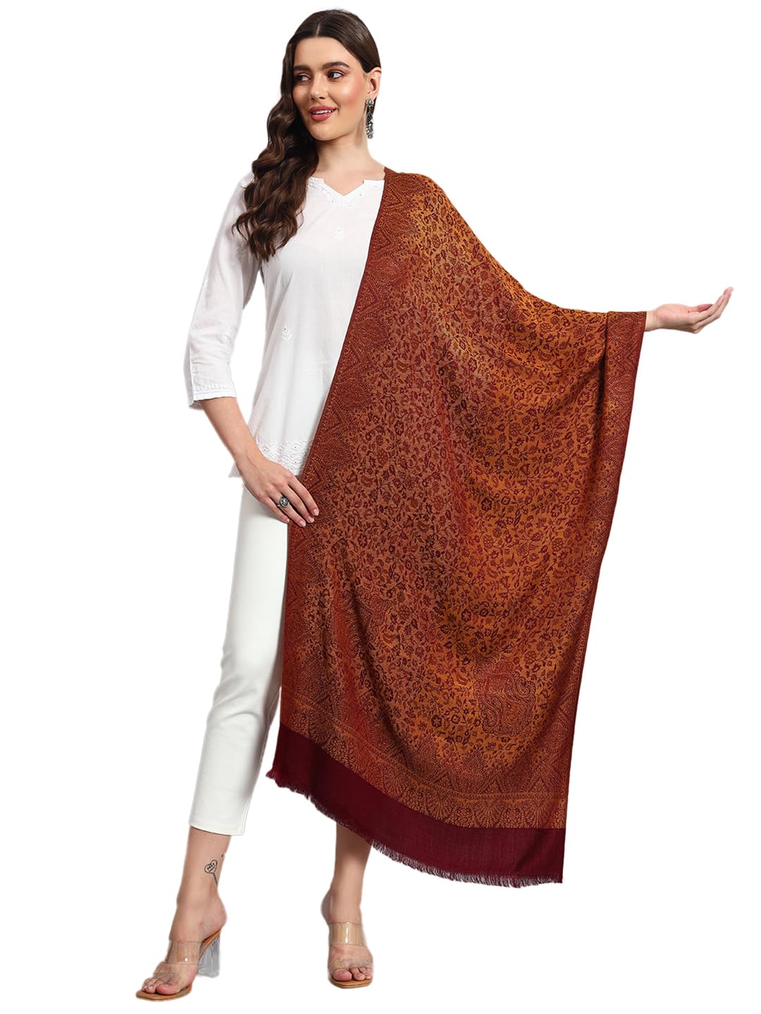 Pure Wool Jamawar Floral Stole, Soft and Warm Winter Shawl, Scarf Wrap Faux Pashmina (80L x 30W Inch)-image-42