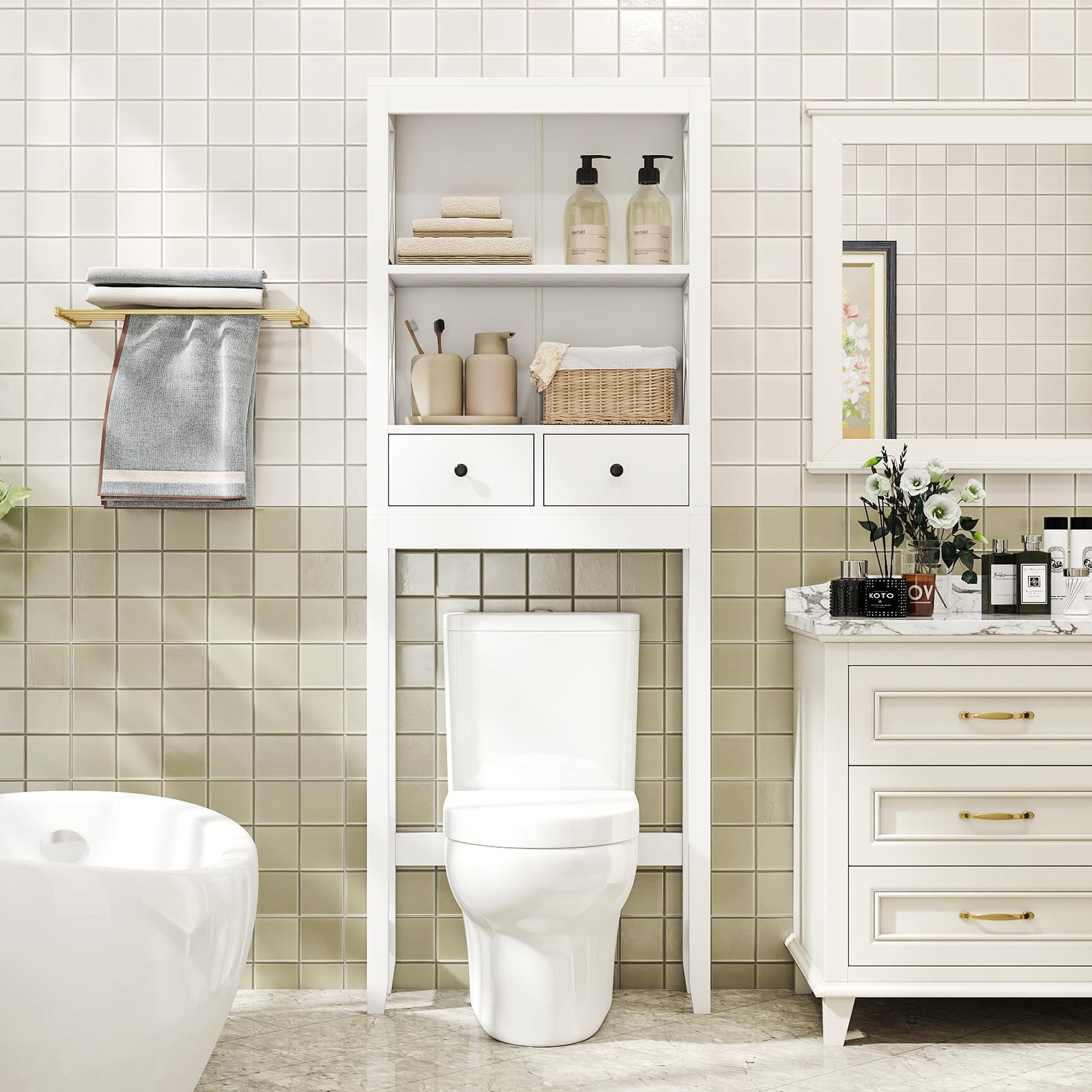 COSTWAY Estante de Almacenamiento sobre Inodoro, Organizador de Baño Independiente con Estantes Abiertos, Cajones y Barra Inferior Ajustable, 60 x 20,5 x 165 cm, Blanco