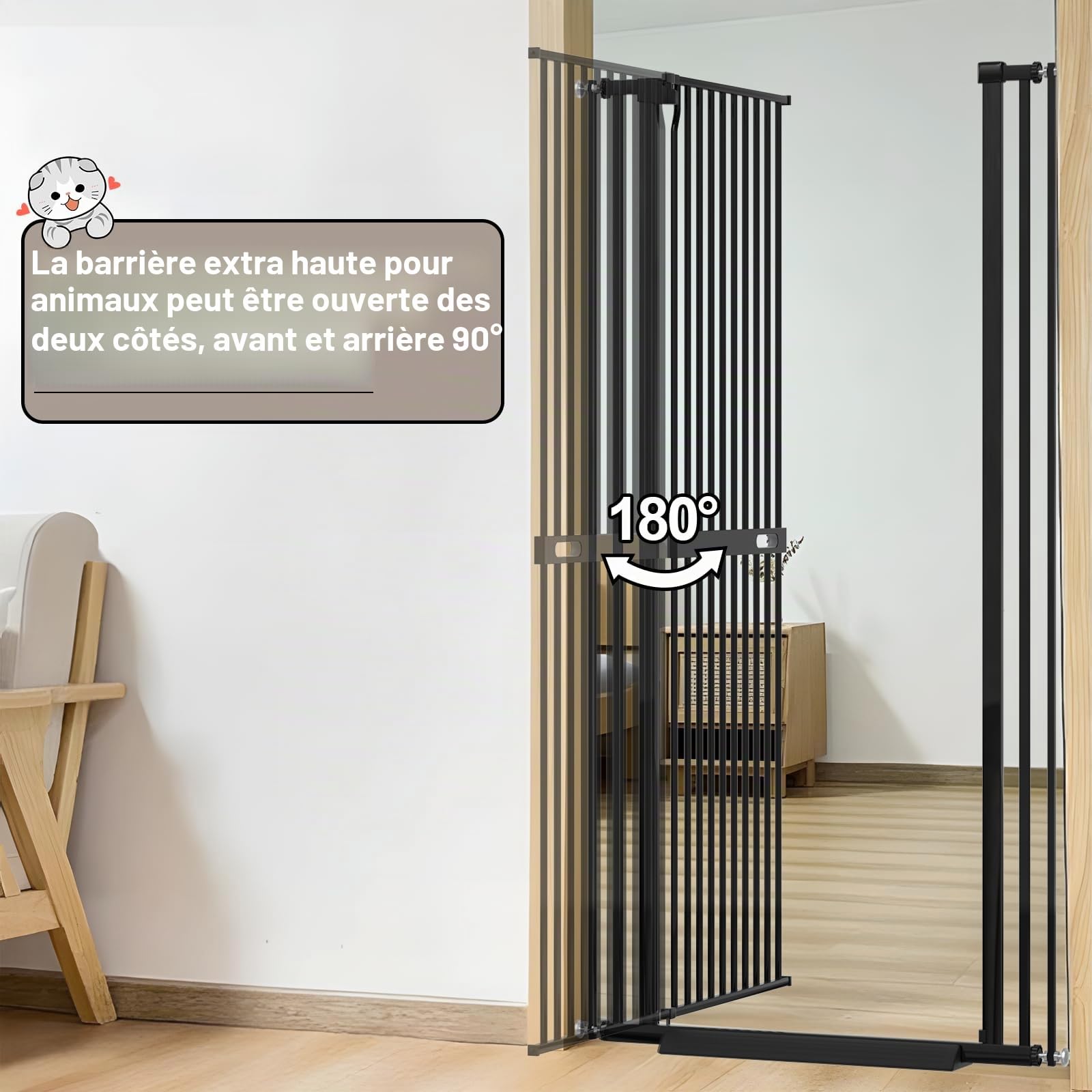 Xifamniy Barrière extra haute et extra large en métal pour chien et chat - Hauteur : 155 cm - Largeur : 76,5 - 92 cm - Montage par pression - Fermeture automatique - Pour encadrements de portes