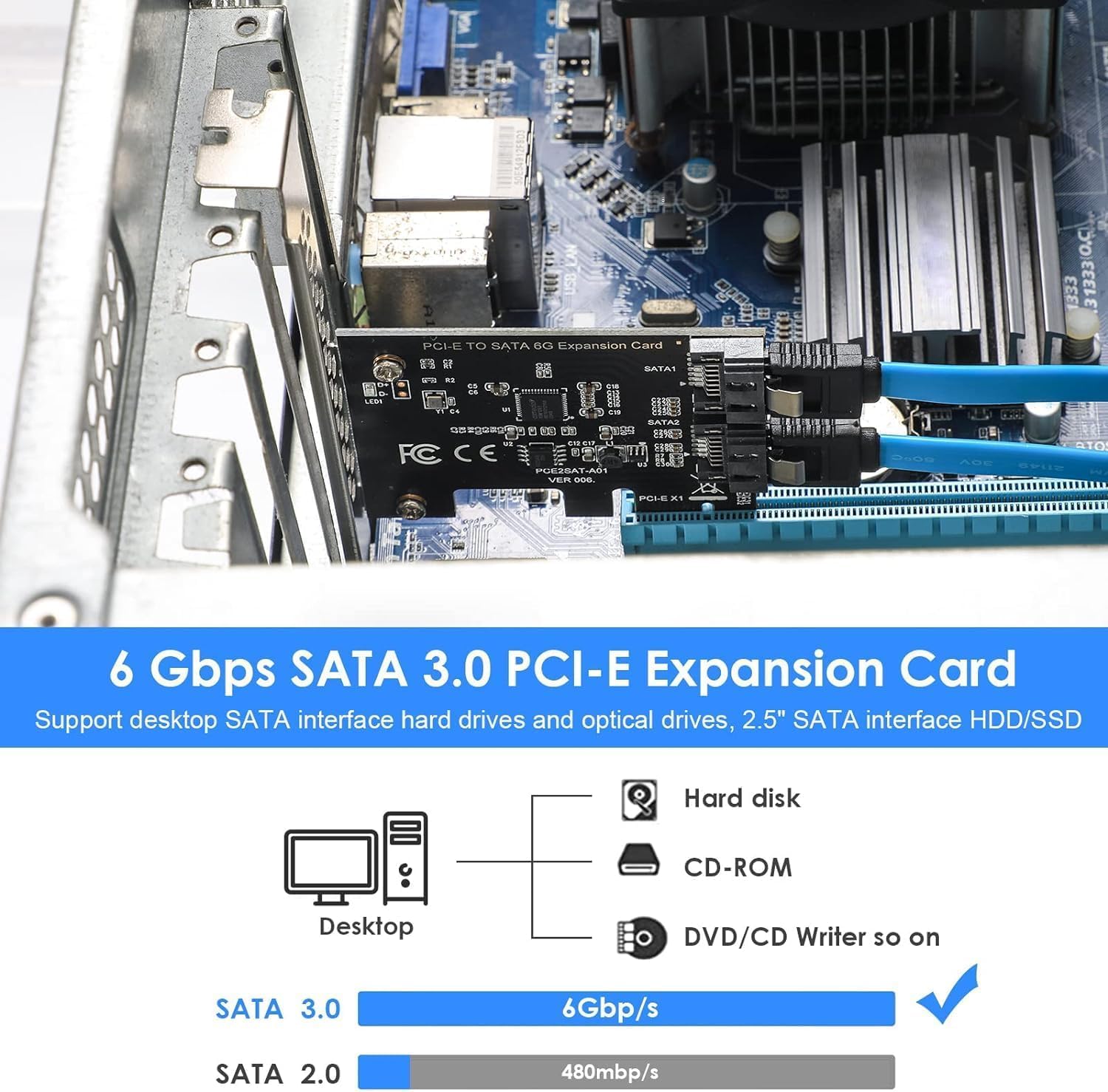 YBBOTT 2-Port PCIe SATA III Expansion Card, 6 Gbps PCI Express Slot 1x 4X 8X 16x Controller Card for Windows Systems/Linux/Vista