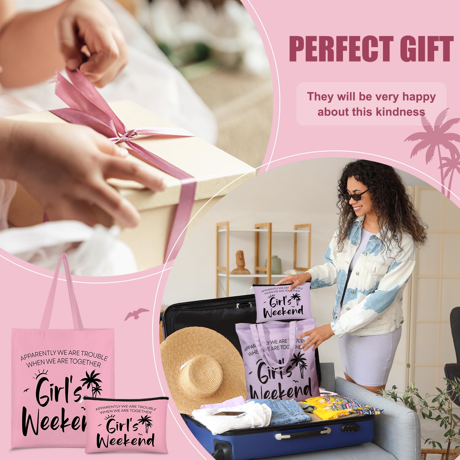 Paterr 8 Pcs Girls Weekend Trip Gifts for Women 4 Makeup Bags 4 Tote Bags Galentine Summer Vacation Bestie Friendship Favors(Weekend,Stylish Color)