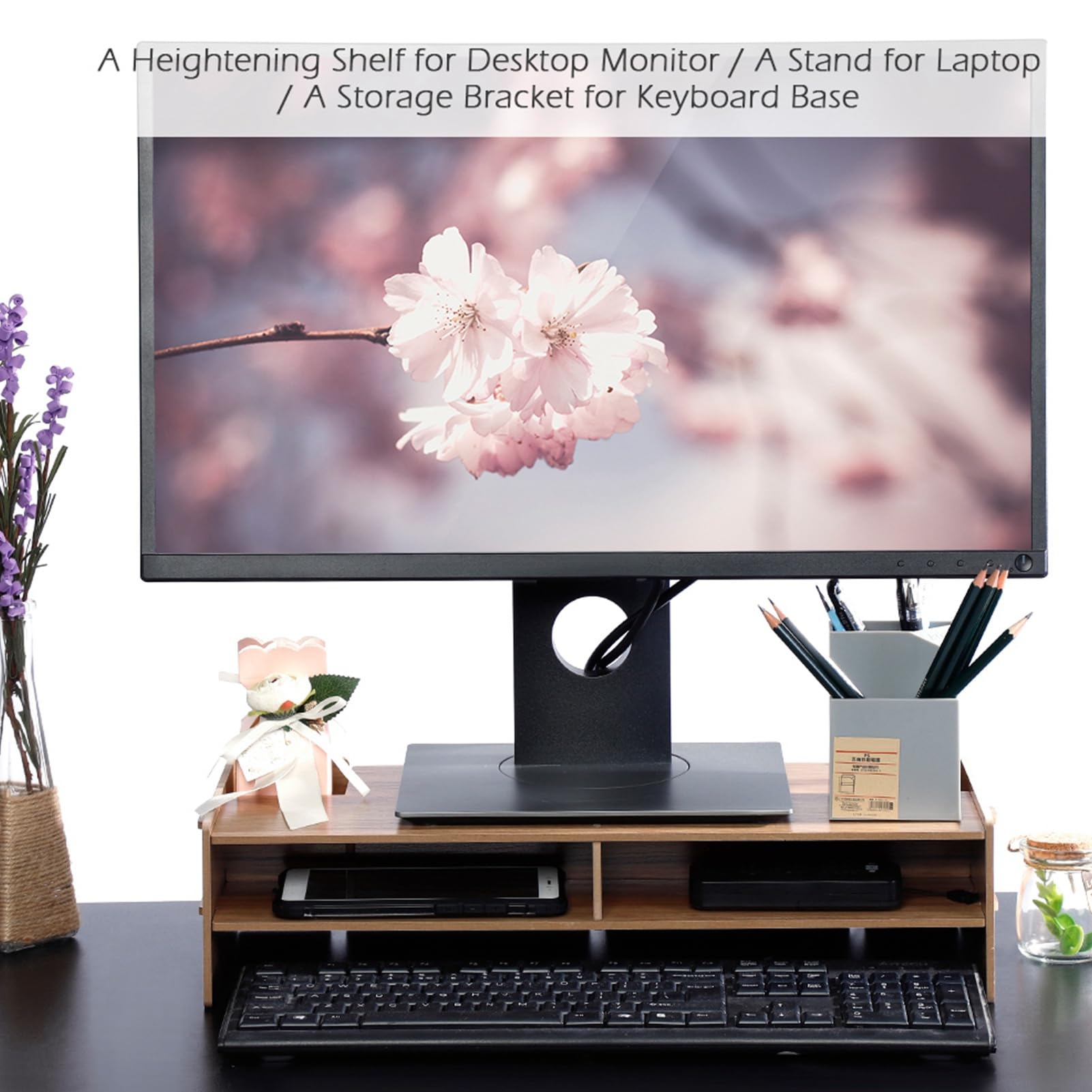 Ejoyous Podstawka Pod Monitor z półką, 19,3x7,9x4,5 Cala, Drewno Wiśniowe