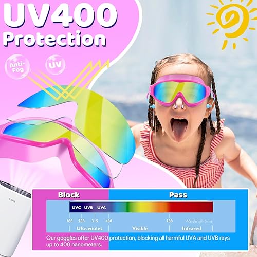 Miniatura 3 de Vvinca Gafas de natación para niños, con tapones para los oídos y clip para la nariz, visión amplia, antivaho y UV, para niños y niñas de 3 a 15