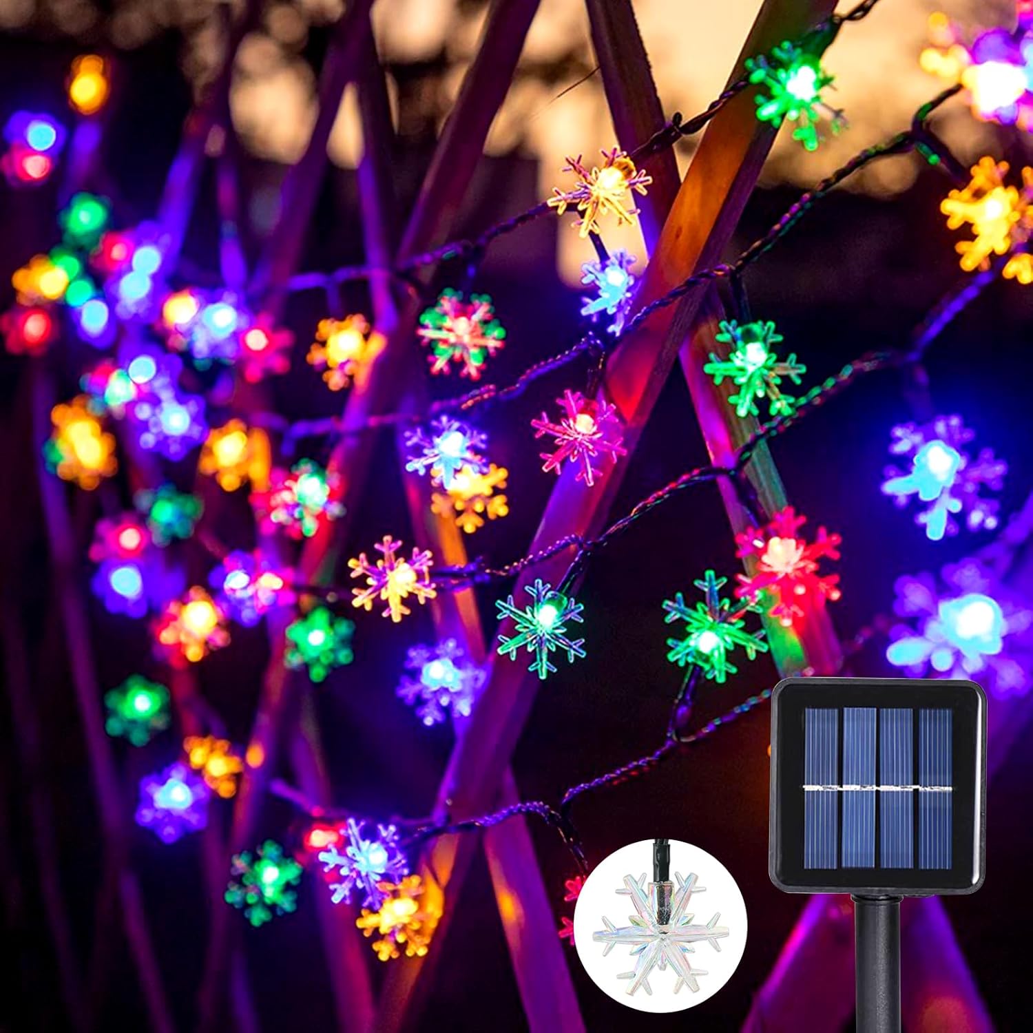 Glaxcidy Photo voltaic Fairy Lights Outside, 22.9 Ft 50 LEDs Snowflake Fairy Lights, 8 Modes and Waterproof Outside Fairy Lights, Photo voltaic Christmas Lights for Backyard, Christmas Tree, Get together, Marriage ceremony